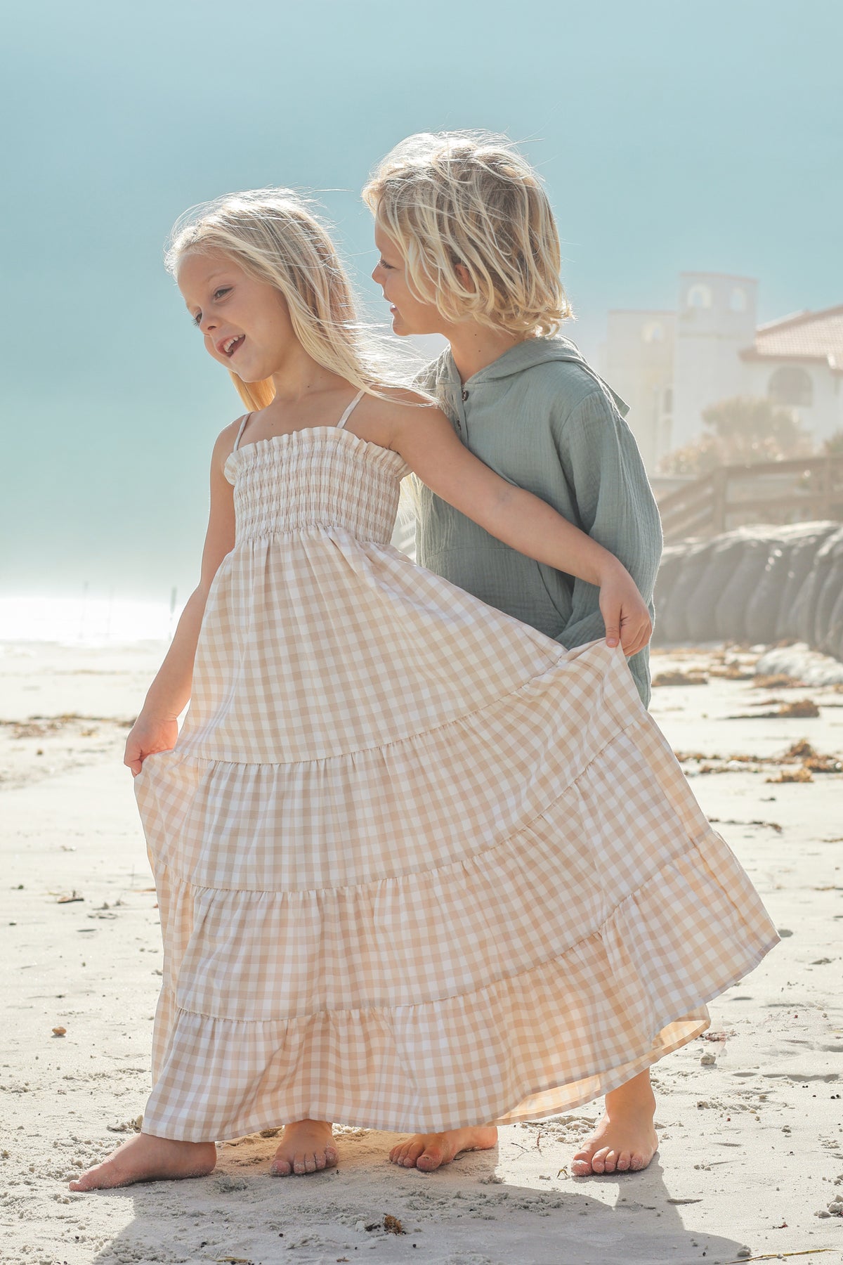 INDIE BLUE Dresses Stella Maxi (tan gingham)