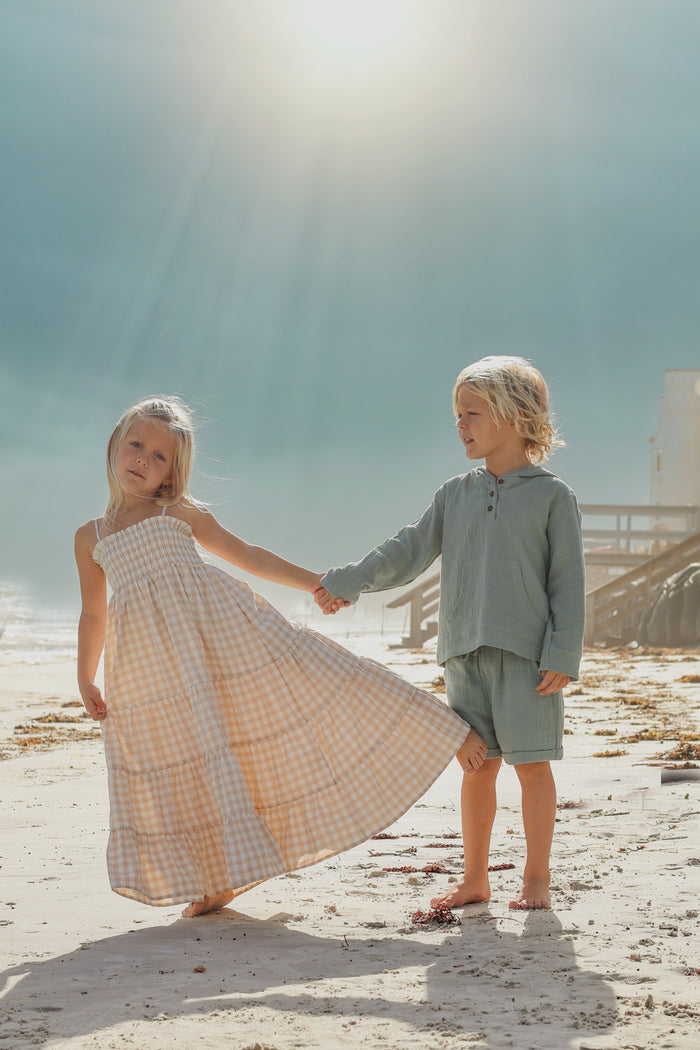 INDIE BLUE Dresses Stella Maxi (tan gingham)