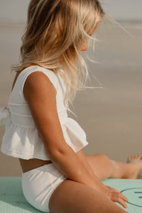 INDIE BLUE SWIM Flutter Tankini Set (soft white ribbed)