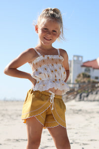 INDIE BLUE Sets Alice Smocked Top & Petal Shorts Set (gold suns) FINAL SALE