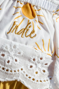 INDIE BLUE Sets Alice Smocked Top & Petal Shorts Set (gold suns) FINAL SALE