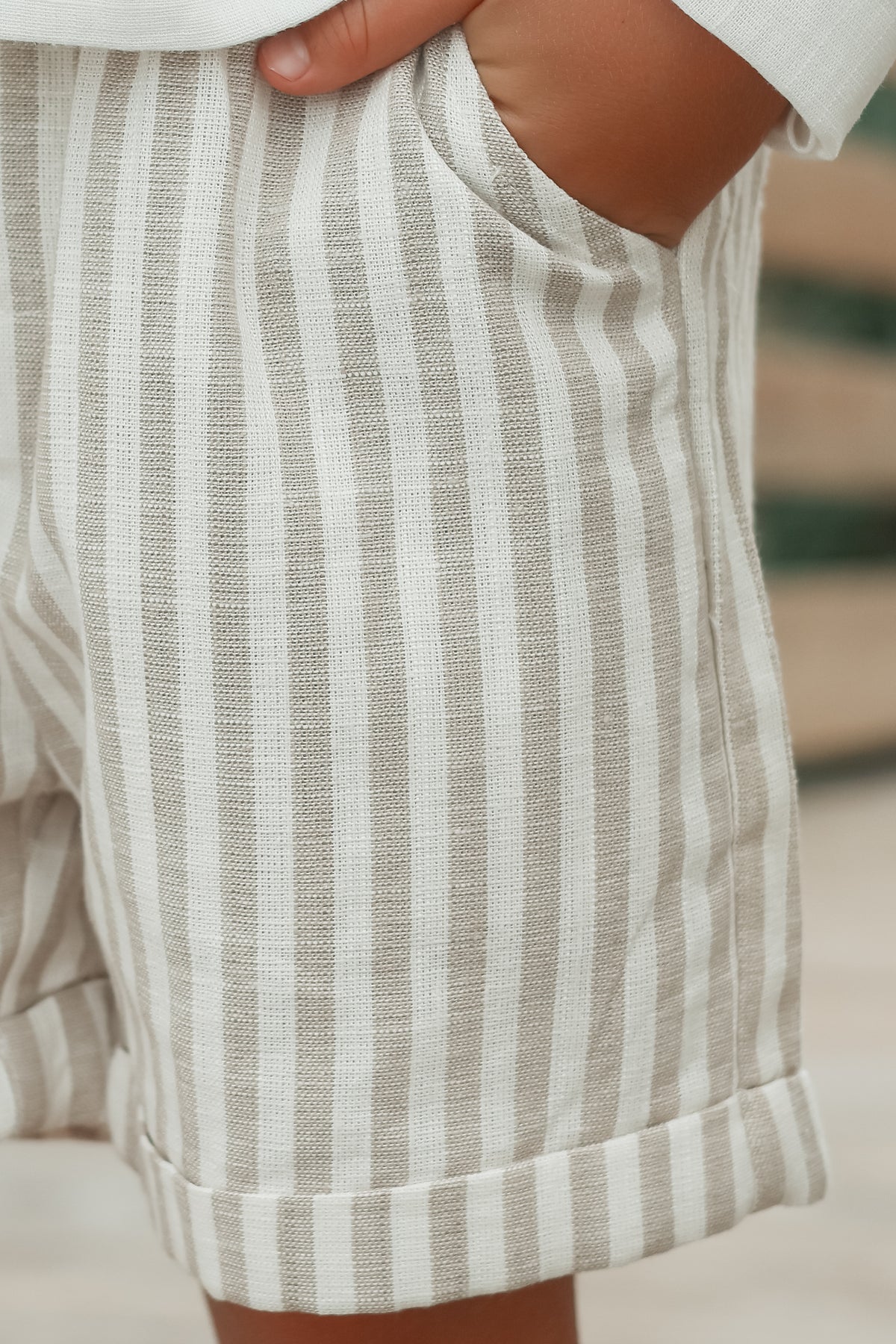 INDIE BLUE Boys Knox Shorts (driftwood stripe linen)