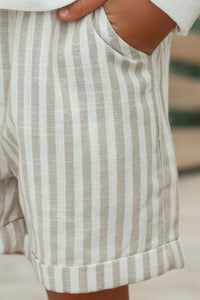 INDIE BLUE Boys Knox Shorts (driftwood stripe linen)