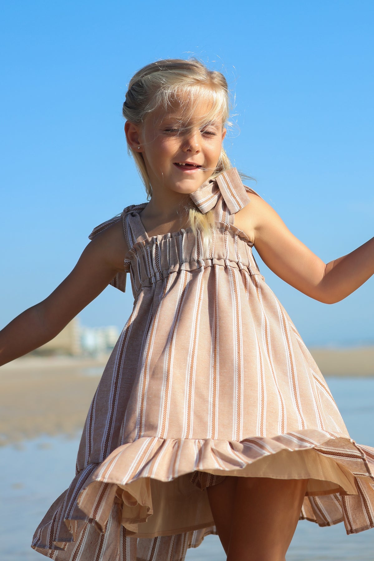 INDIE BLUE Dresses Evie Tunic Dress (mocha stripe linen)