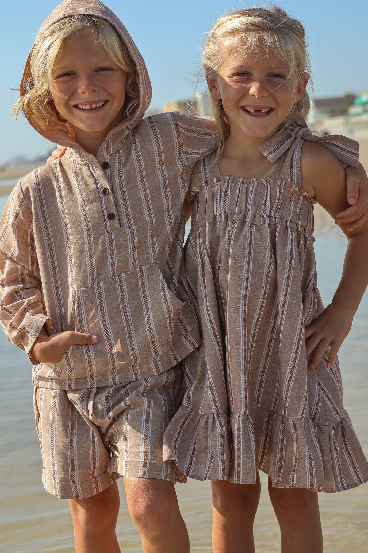 INDIE BLUE Dresses Evie Tunic Dress (mocha stripe linen)