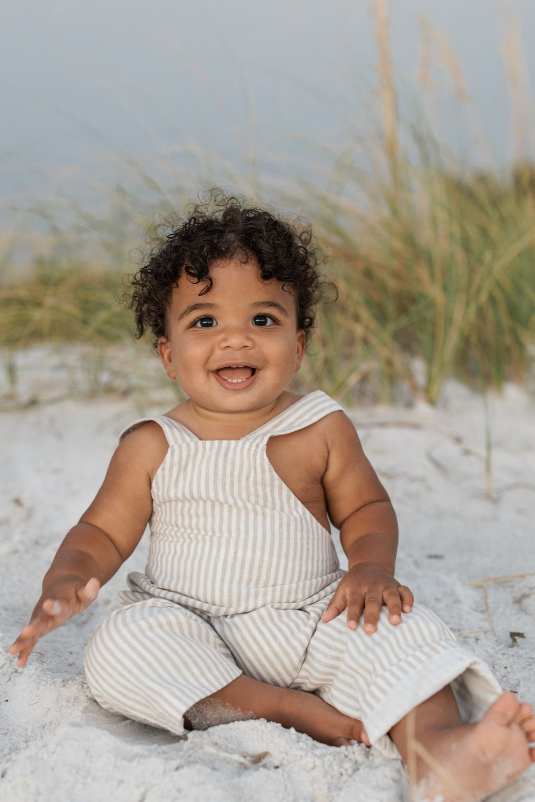 INDIE BLUE Boys Grady Romper (desert pinstripe linen)