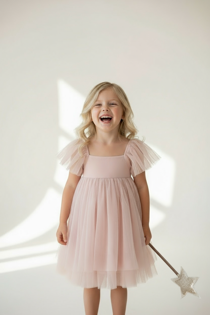 Full-body shot of laughing blonde model in soft pink Fawn Dress with wand