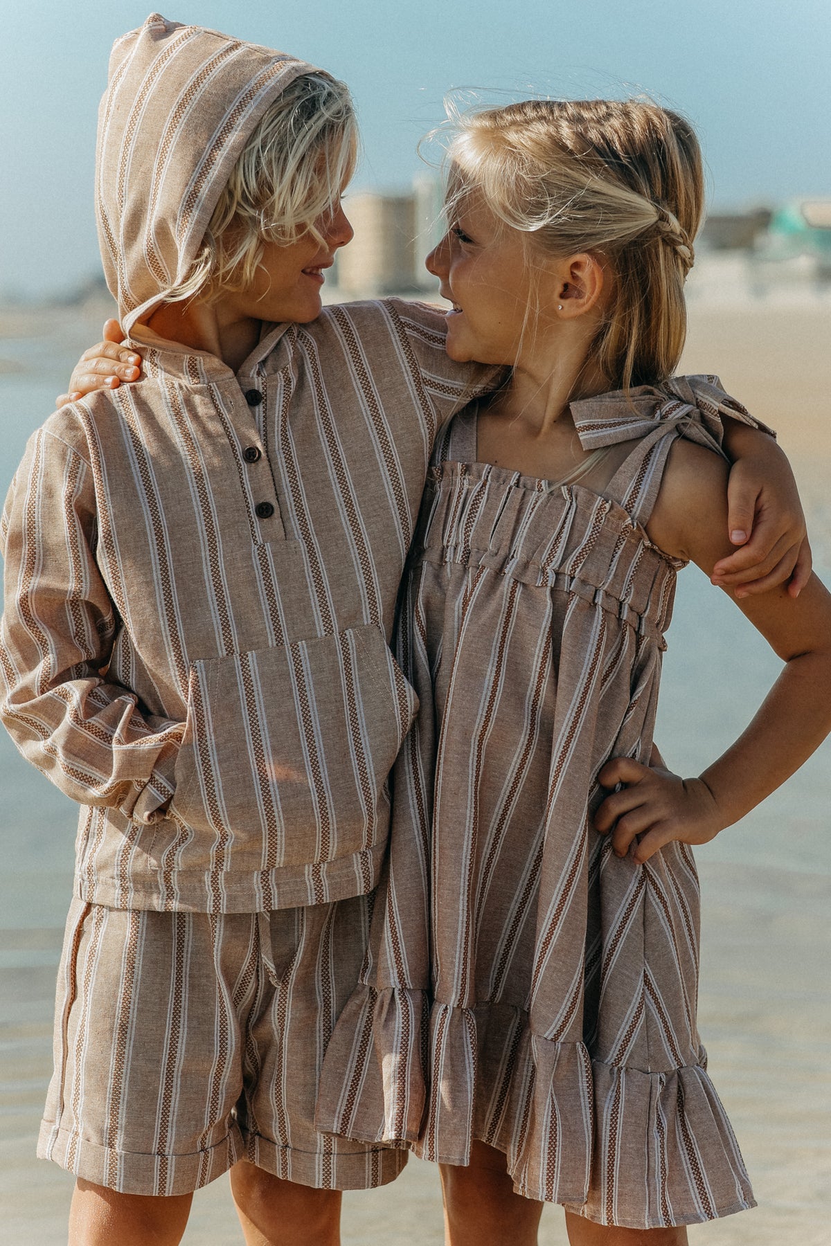 INDIE BLUE Boys Knox Shorts (mocha stripe linen)