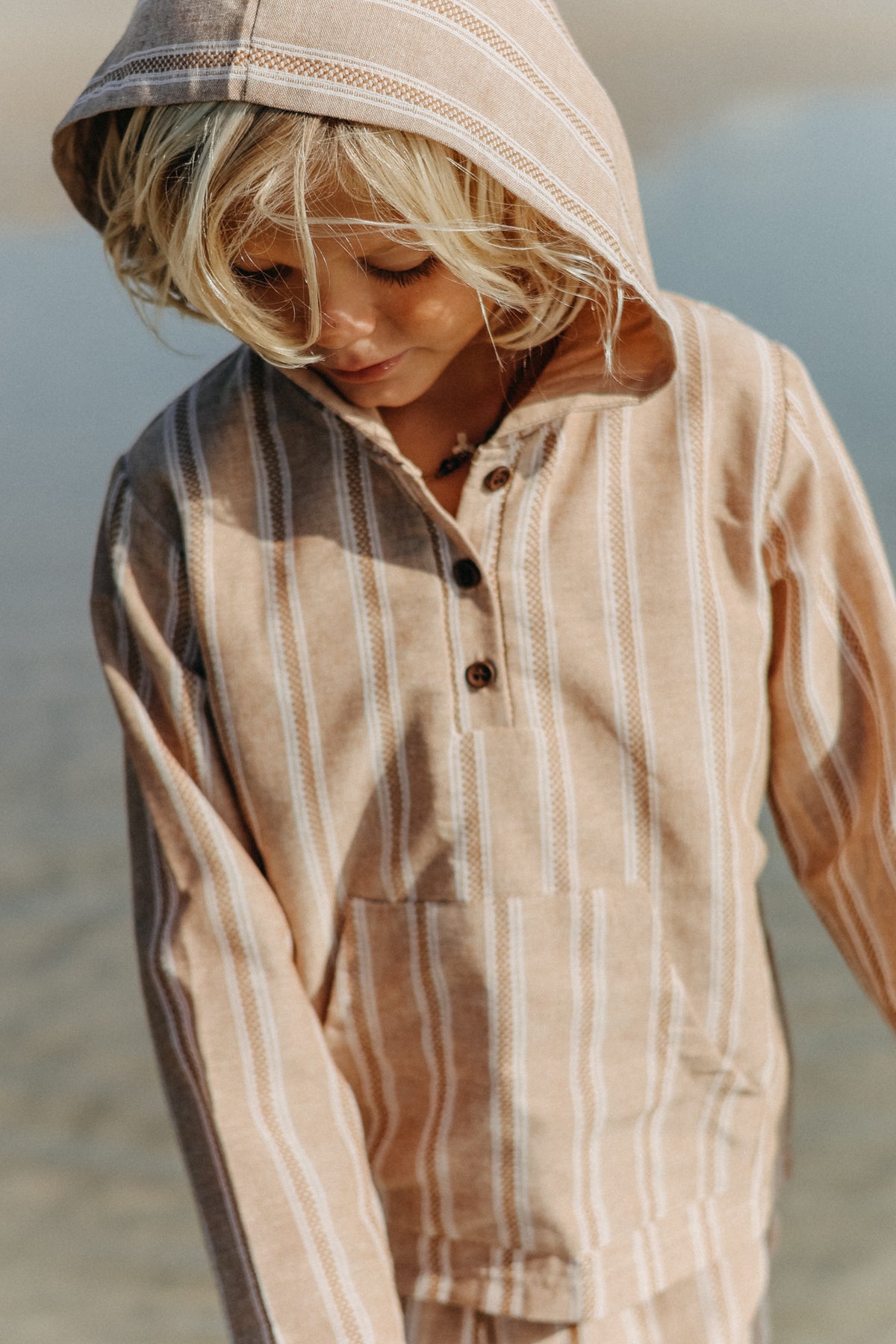 INDIE BLUE Boys Knox Hoodie (mocha stripe linen)