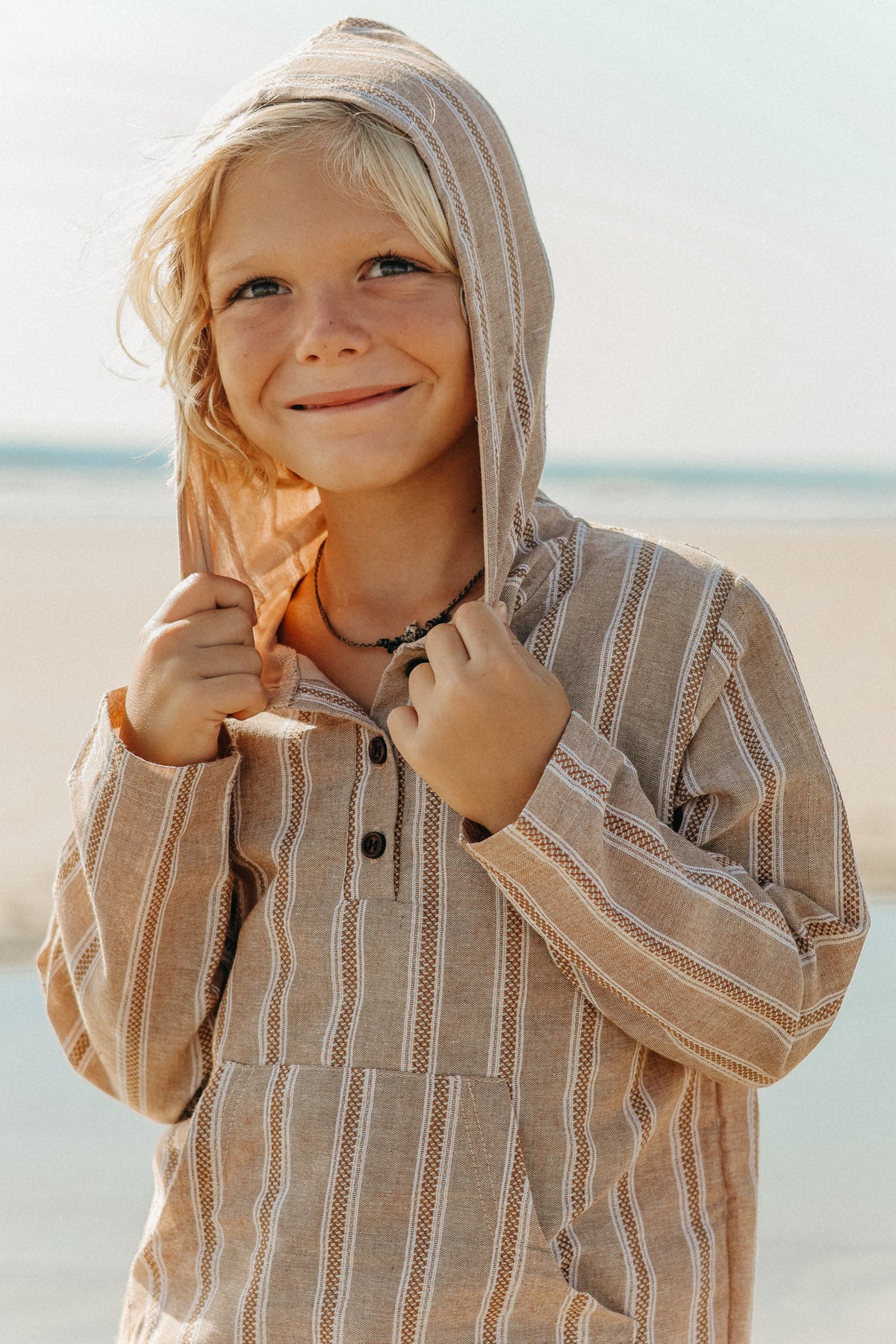 INDIE BLUE Boys Knox Hoodie (mocha stripe linen)
