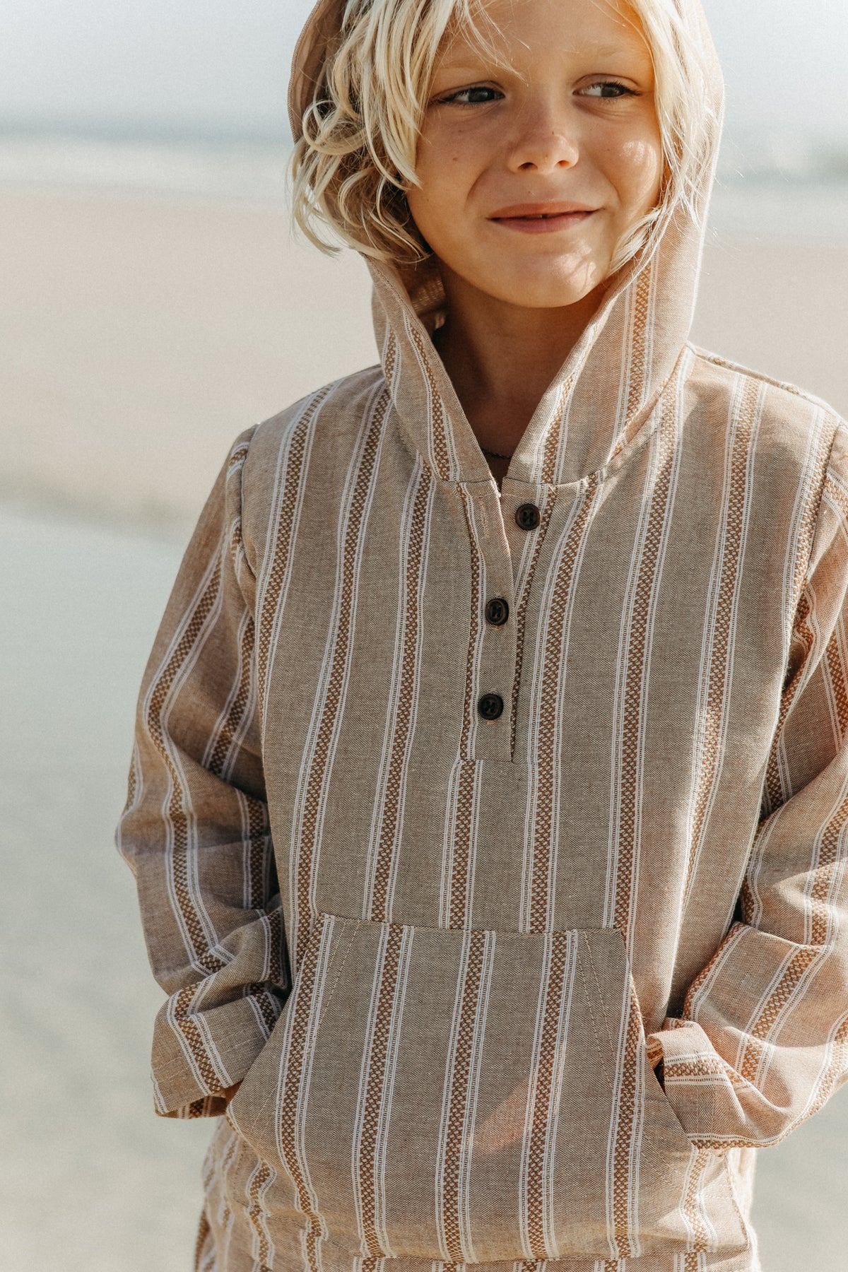 INDIE BLUE Boys Knox Hoodie (mocha stripe linen)