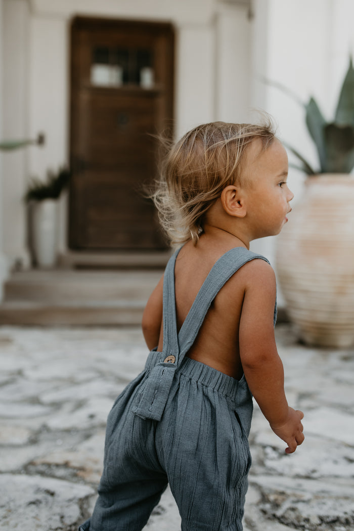 INDIE BLUE Boys Grady Romper (cobalt muslin)