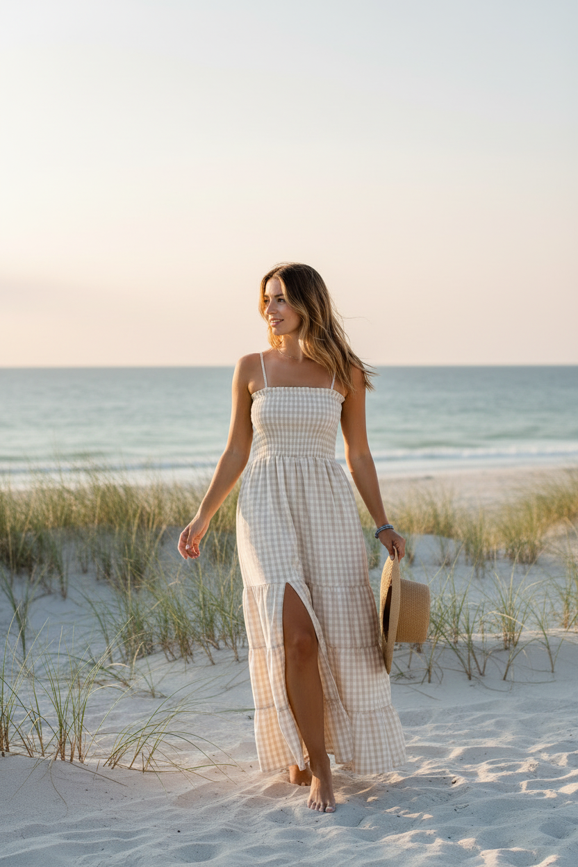 tan beach dress Women's Stella Maxi (tan gingham) L