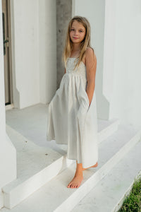 Riley Day Dress Linen (desert pinstripe linen)