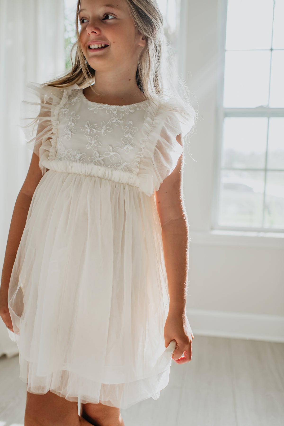 Kaitlyn Embroidered Tulle Dress (antique ivory) PREORDER