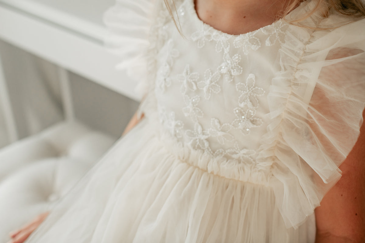 Kaitlyn Embroidered Tulle Dress (antique ivory) PREORDER