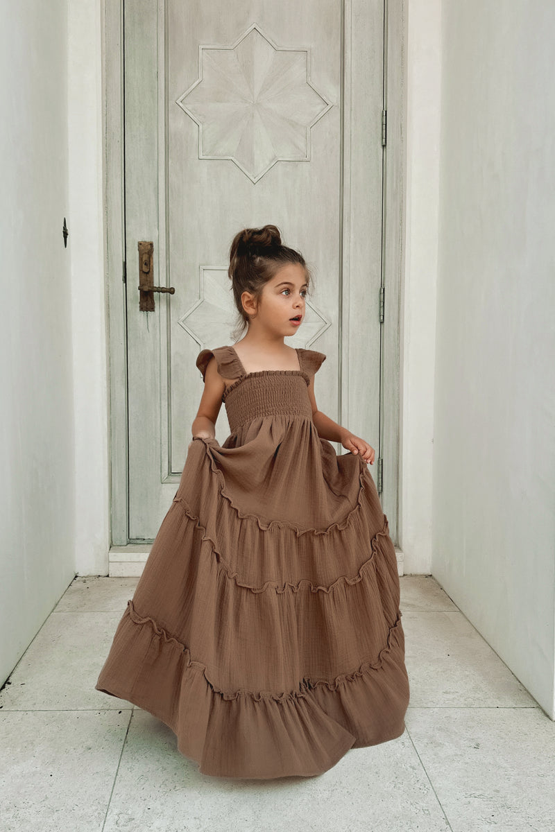 blue dress brown dress and Polka Dot Our knee Marabella Dress (mocha muslin) 6Y