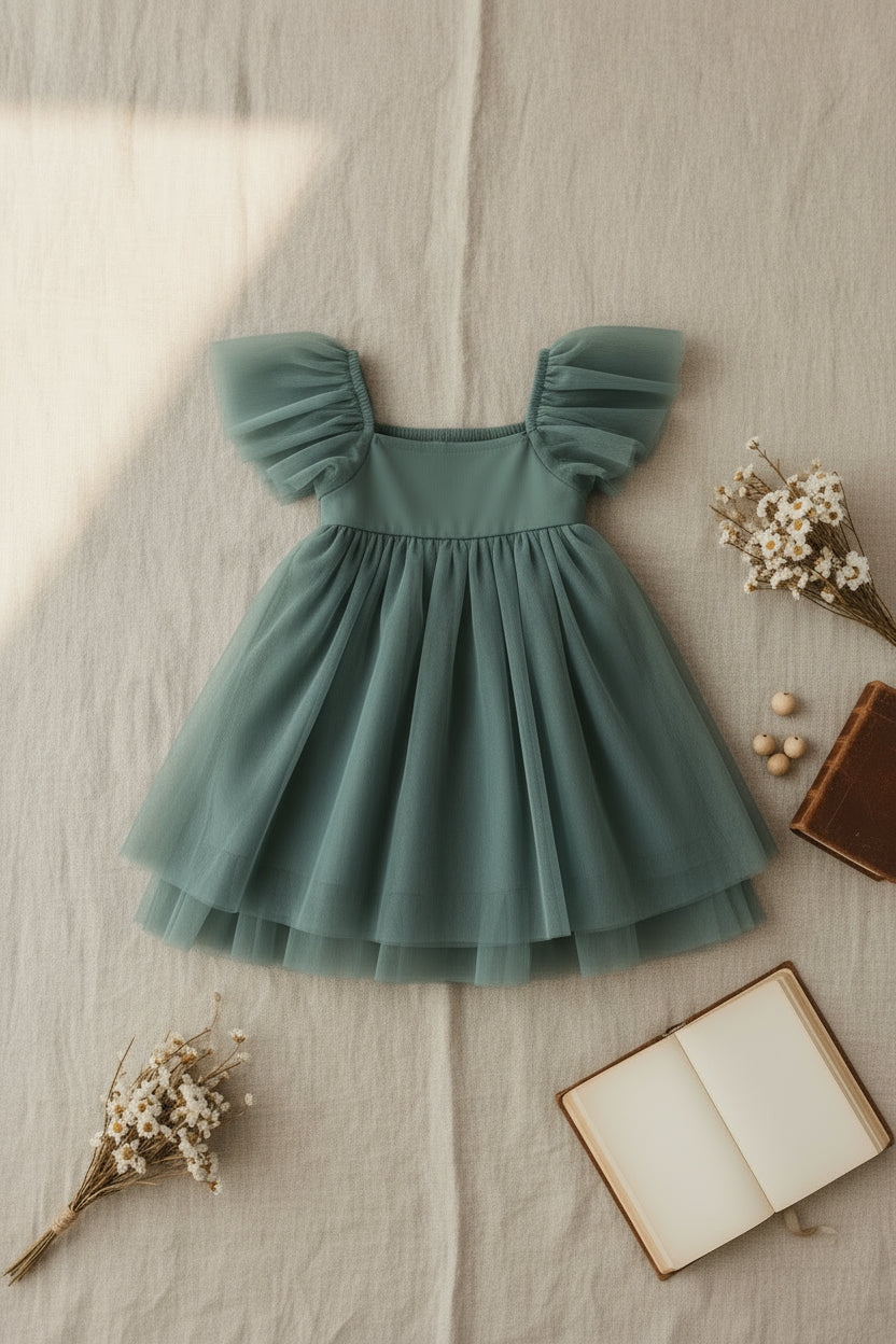 SS Girl's Dress Fawn Dress (soft teal tulle)