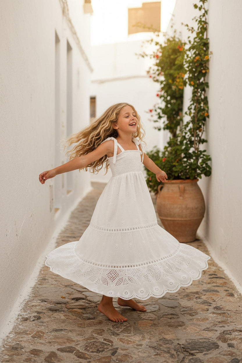 INDIE BLUE Girl's Dress Mary Dress (white eyelet)