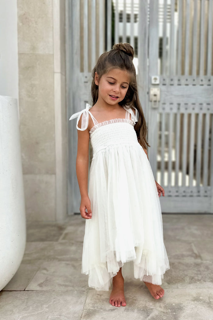 SS Girl's Dress Isa High-Low Dress (antique ivory tulle)