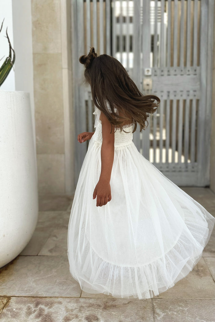 SS Girl's Dress Isa High-Low Dress (antique ivory tulle)