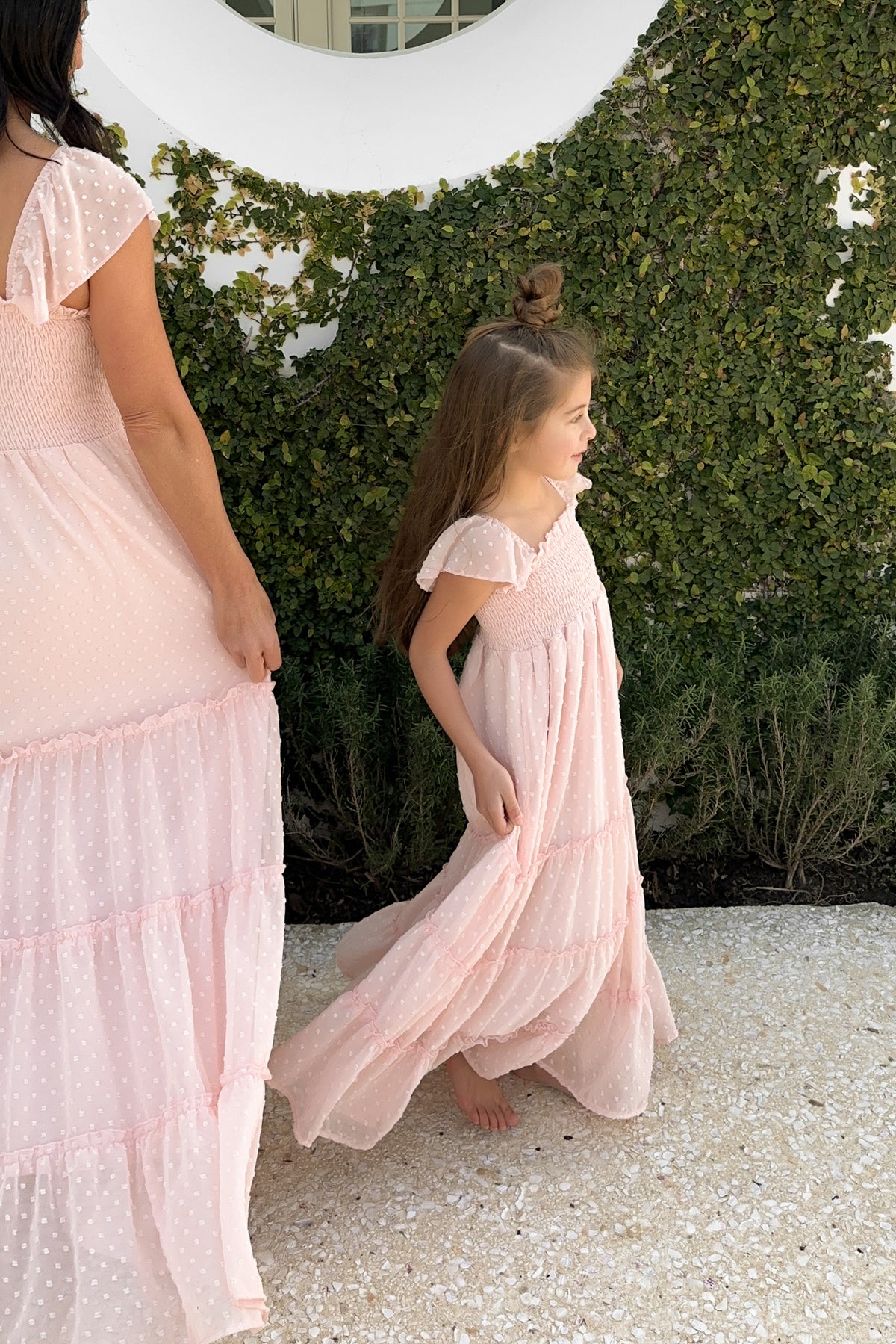 swiss dot pink dress Swiss Dot Frill Trim Flounce Sleeve Midi Dress by Blue Zone Planet