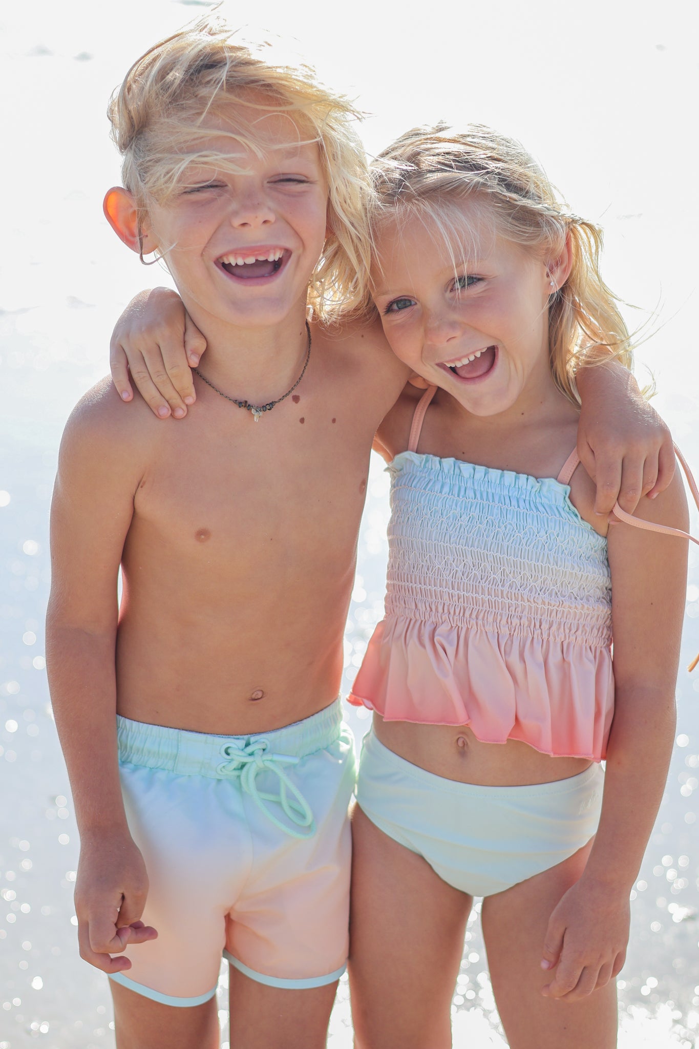 BICOLOR SURF SHORTS【PASTEL BLUE】L size Surf Shorts (peach ombre) FINAL SALE – INDIE BLUE