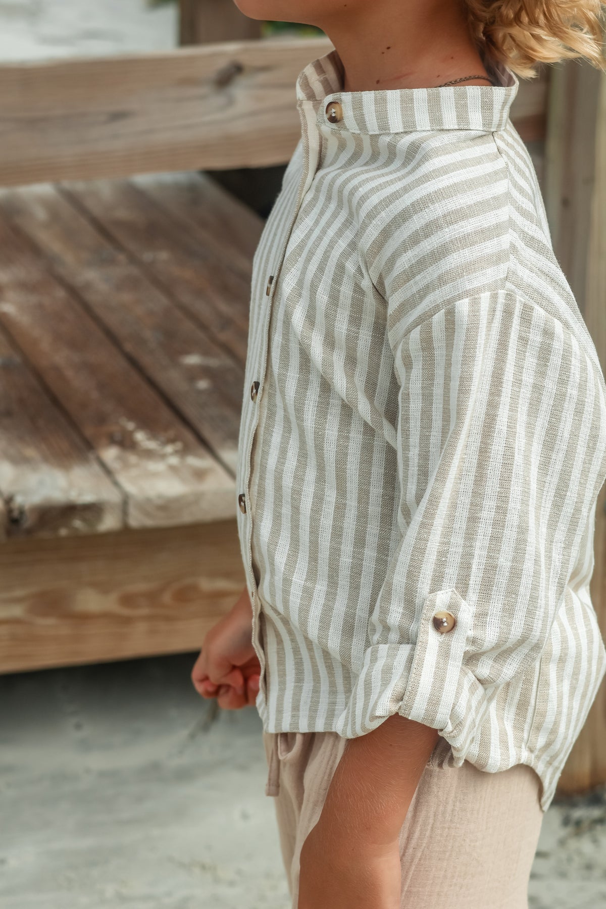 INDIE BLUE Boys Ty Shirt (driftwood stripe linen)