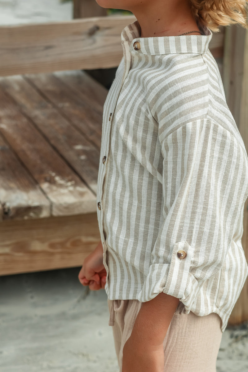 INDIE BLUE Boys Ty Shirt (driftwood stripe linen)