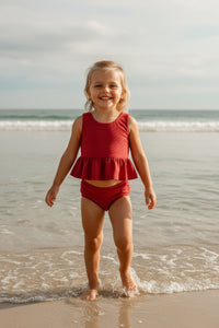 LB Girl's Swim Flutter Tankini Set (brick ribbed)