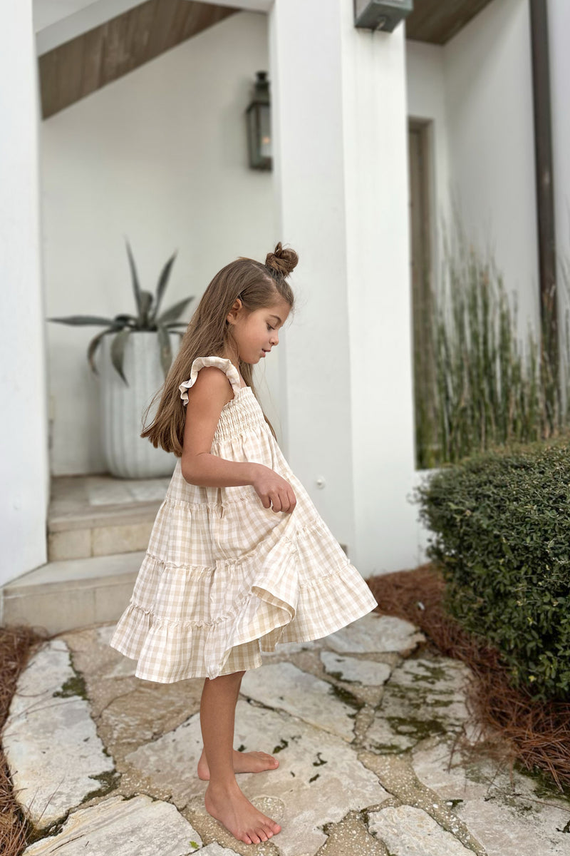 Pia Dress (tan gingham) 9Y