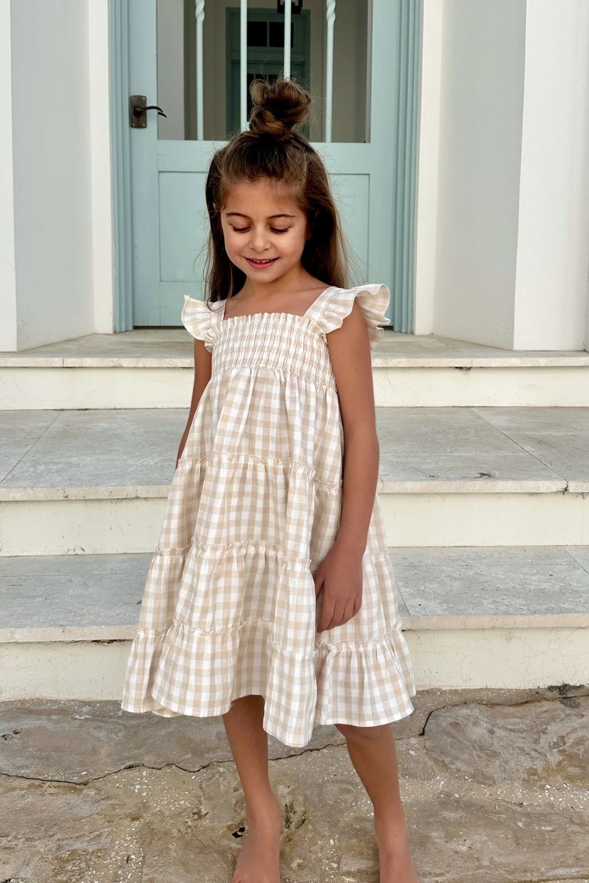 Pia Dress (tan gingham) 9Y
