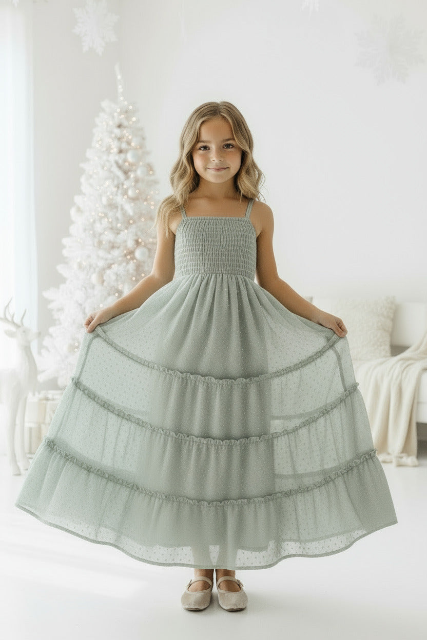 SS Girl's Dress Vera Flow Dress (sage swiss dot)