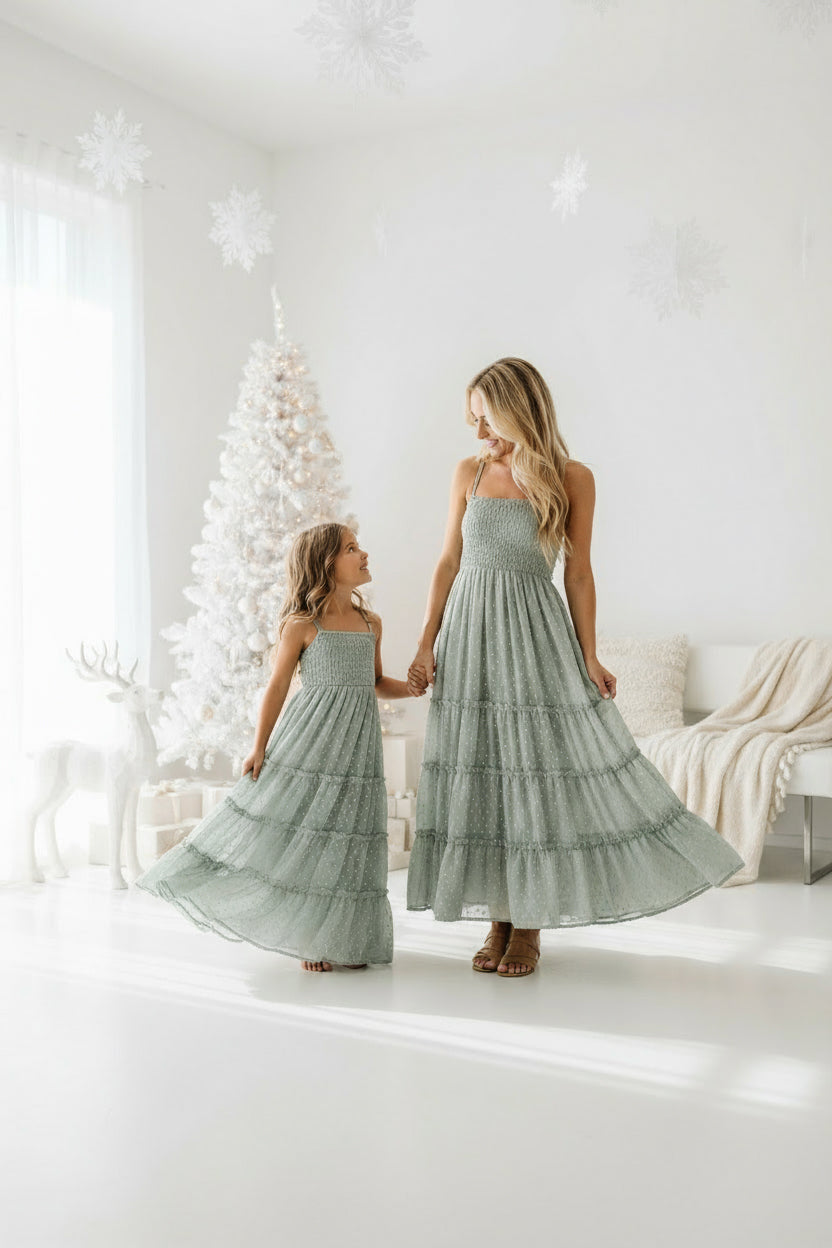 SS Girl's Dress Vera Flow Dress (sage swiss dot)