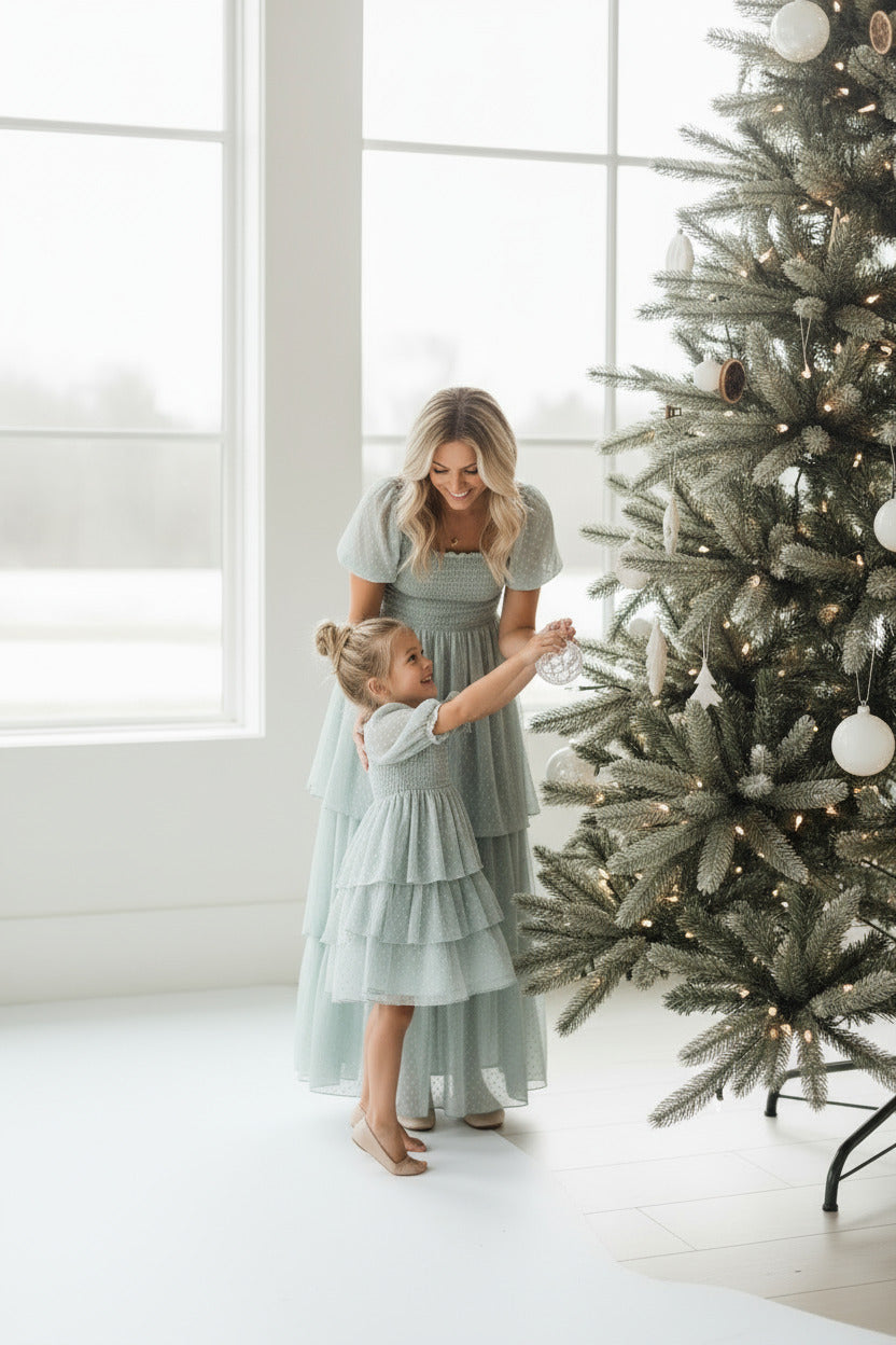 SS Girl's Dress Willa Layer Dress (sage swiss dot)
