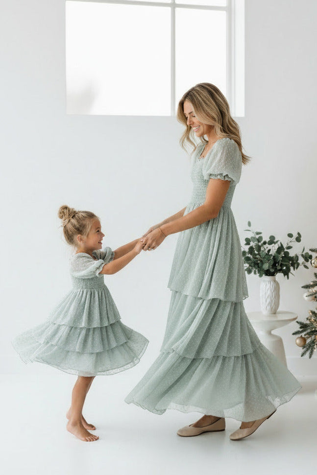 SS Girl's Dress Willa Layer Dress (sage swiss dot)