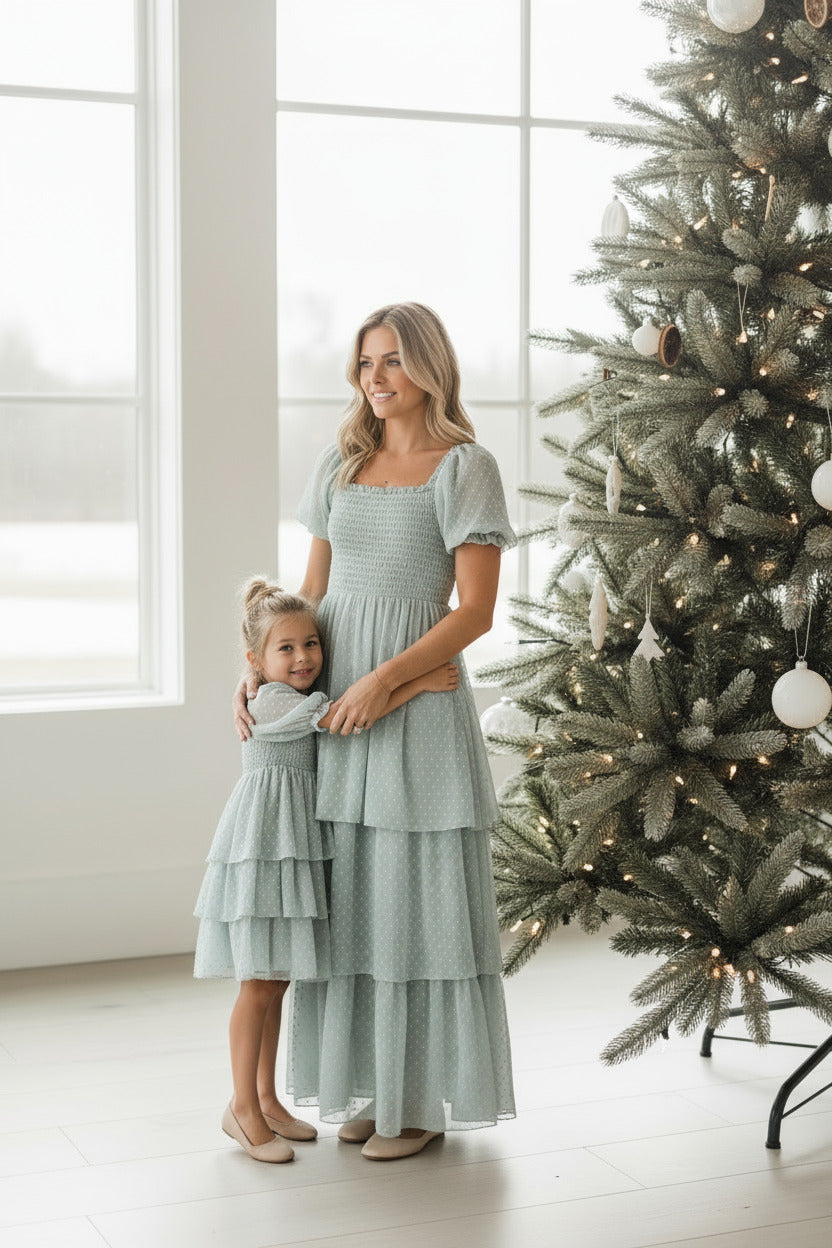 SS Girl's Dress Willa Layer Dress (sage swiss dot)