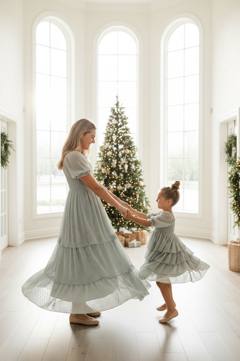 SS Girl's Dress Willa Layer Dress (sage swiss dot)