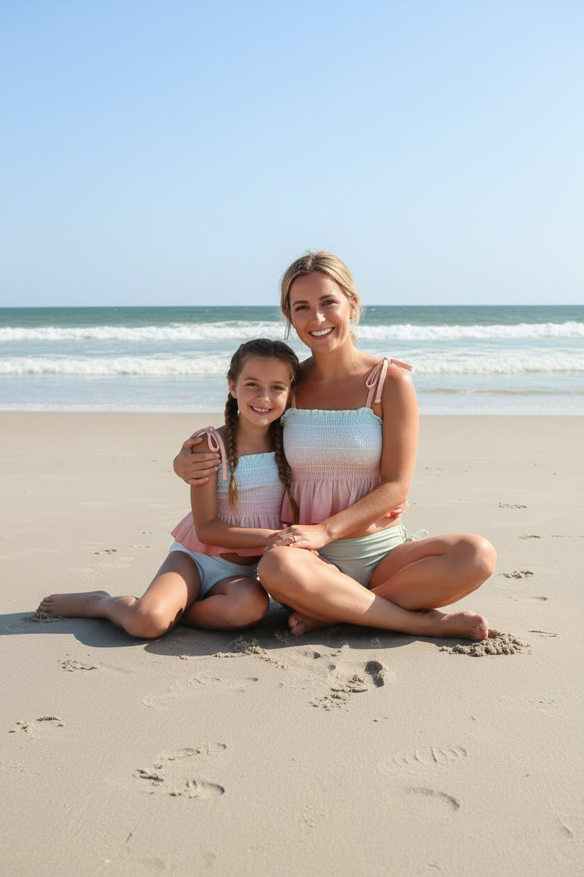 LB Swimwear Women’s Smocked Tankini Set (peach ombre)