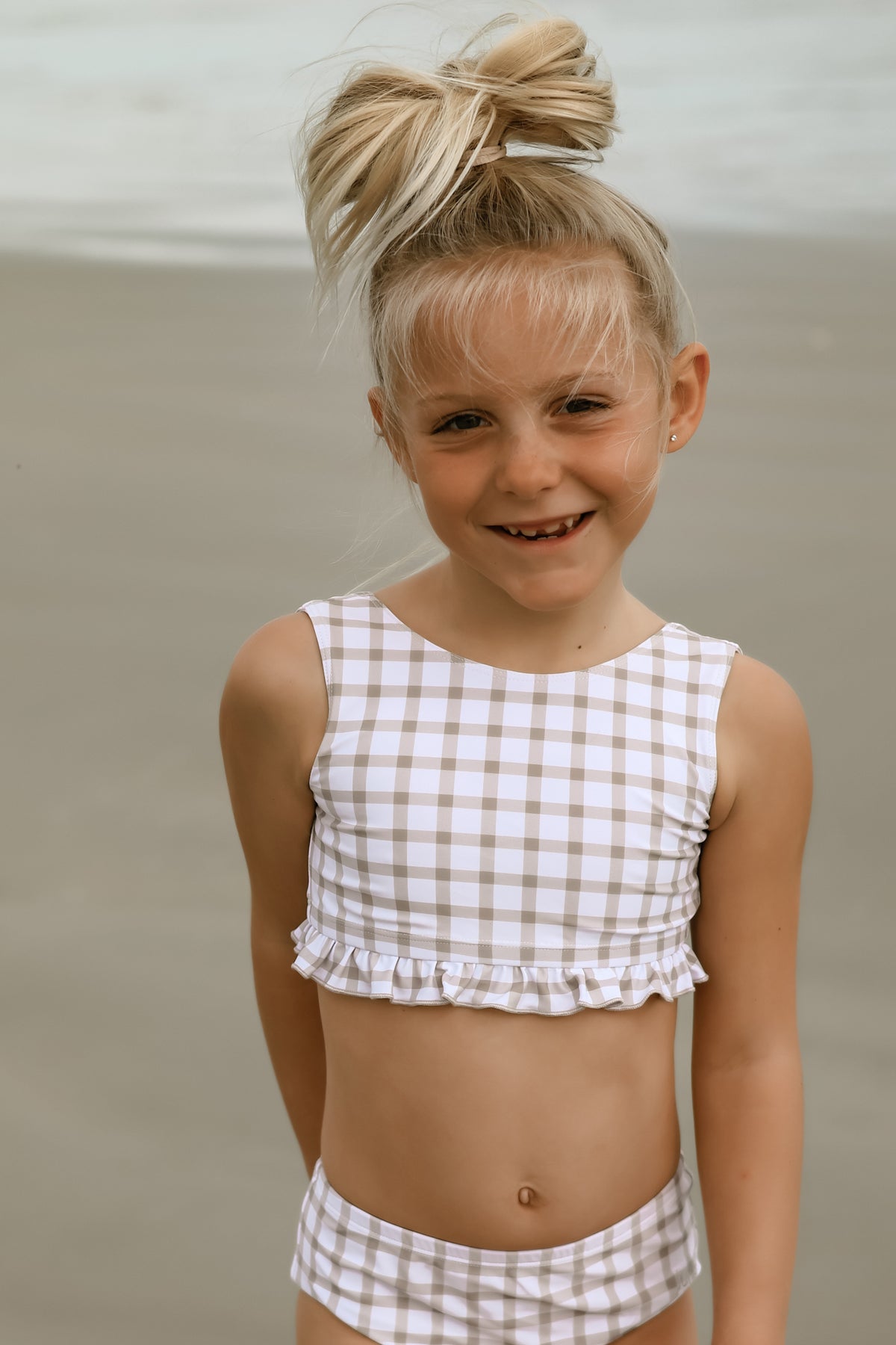 LB Girl's Swim Scoopback Set (flax check)