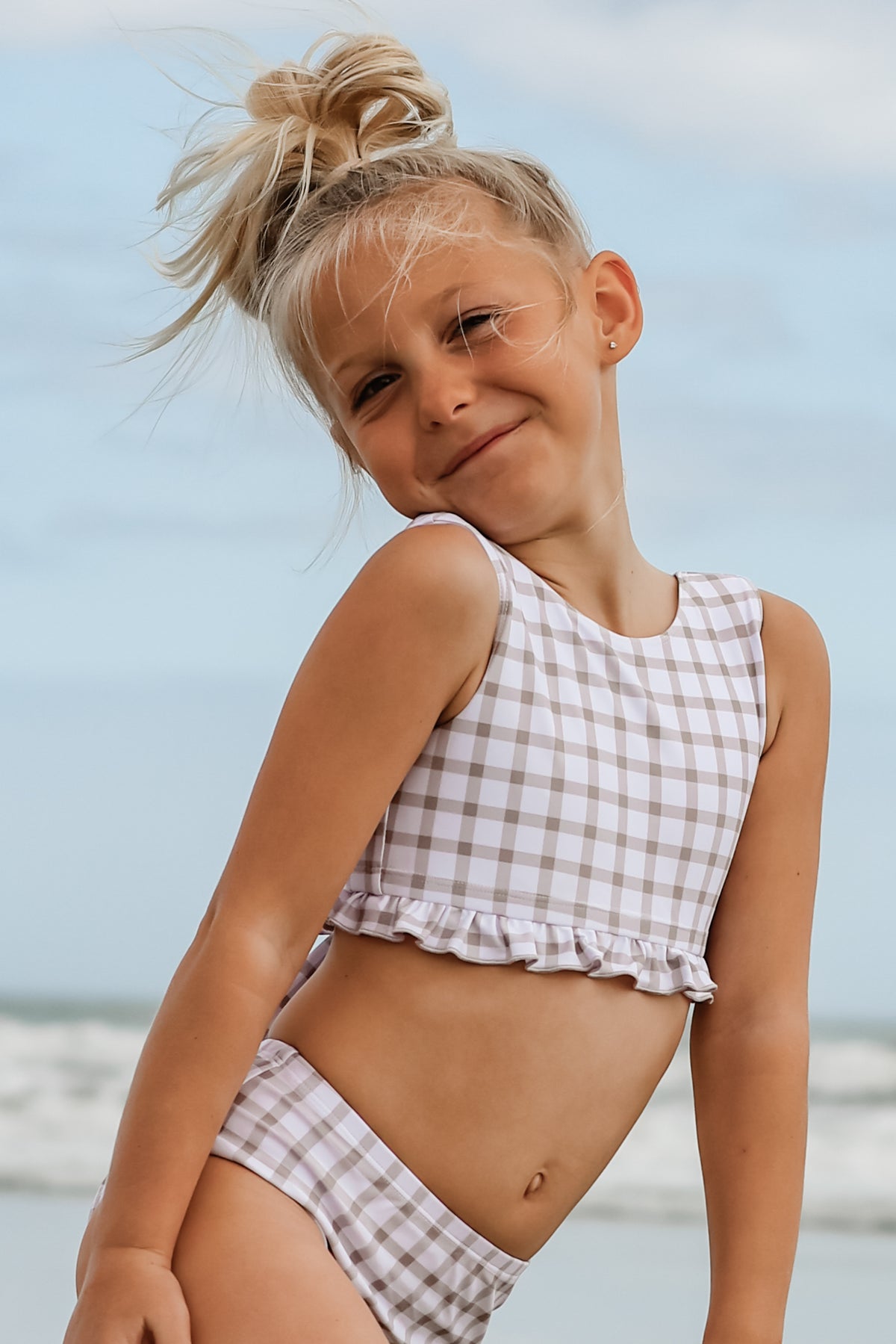 LB Girl's Swim Scoopback Set (flax check)