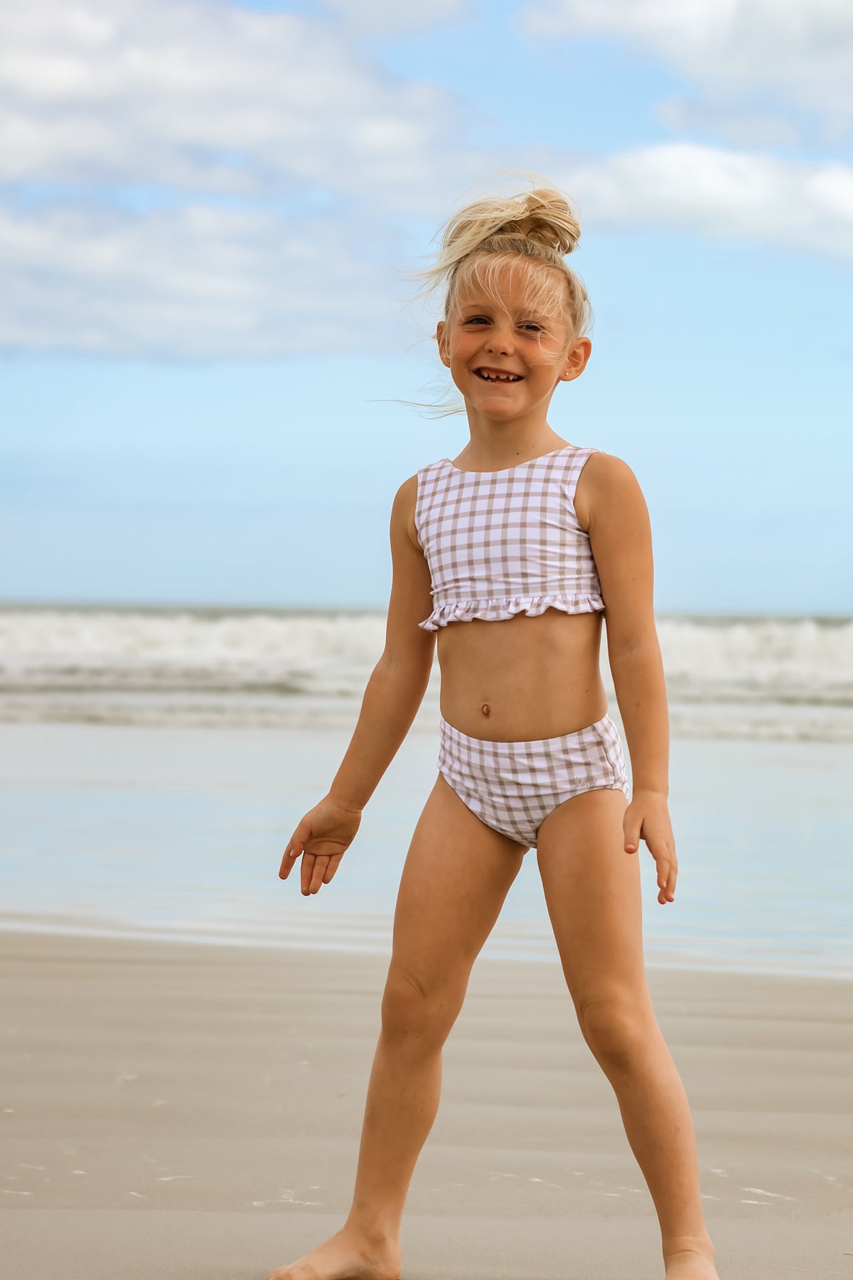 LB Girl's Swim Scoopback Set (flax check)