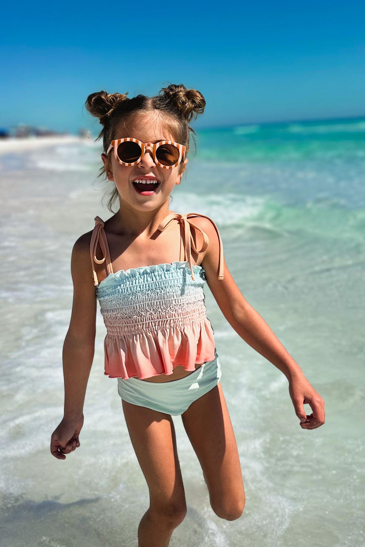 LB Girl's Swim Smocked Tankini Set (peach ombre)