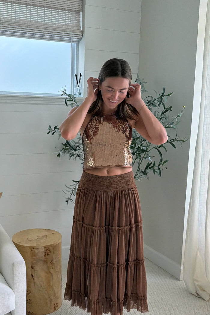 SS Women's Top Women's Faye Halter (cocoa sequin)