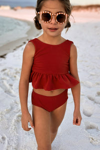 LB Girl's Swim Flutter Tankini Set (brick ribbed)