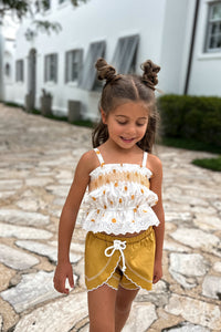 Alice Smocked Top & Petal Shorts Set (gold suns) FINAL SALE