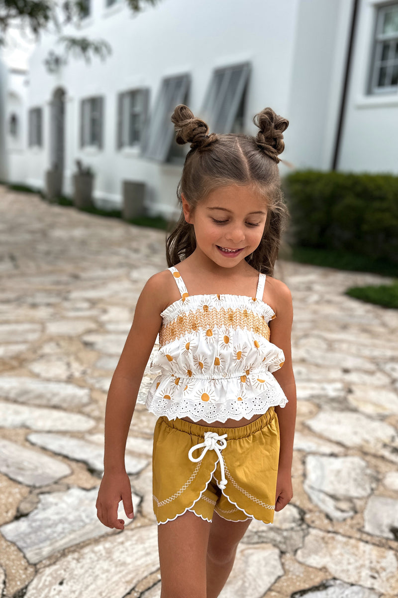 Alice Smocked Top & Petal Shorts Set (gold suns) FINAL SALE