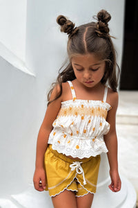 Alice Smocked Top & Petal Shorts Set (gold suns) FINAL SALE
