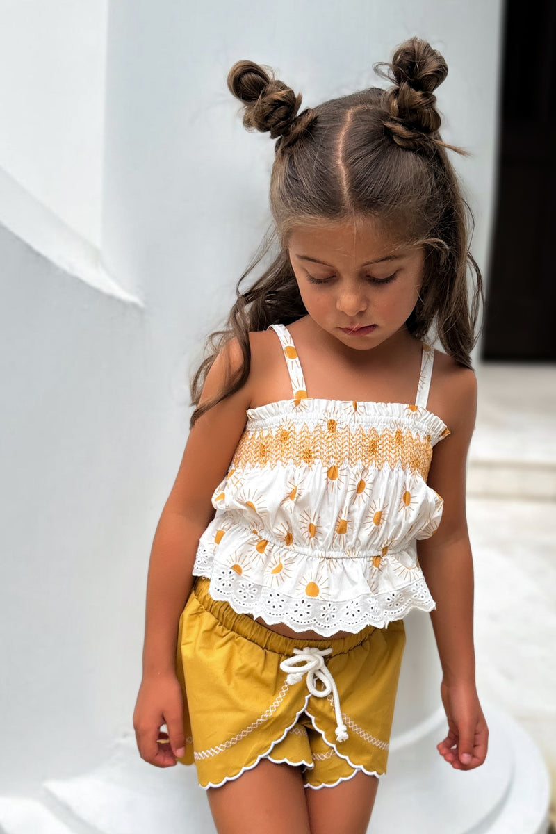 Alice Smocked Top & Petal Shorts Set (gold suns) FINAL SALE