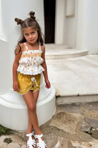 Alice Smocked Top & Petal Shorts Set (gold suns) FINAL SALE